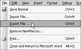 Выполнение команды File-Export File в меню Microsoft Visual Basic