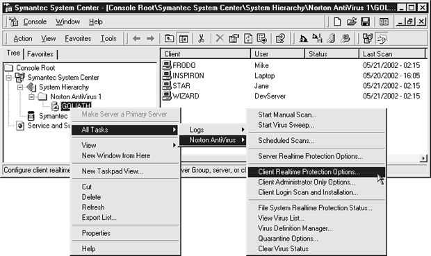 Окно Symantec System Center позволяет просматривать состояние любых узлов сети и определять их настройки для обработки вирусов