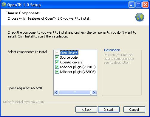 Выбор устанавливаемых компонентов библиотеки OpenTK