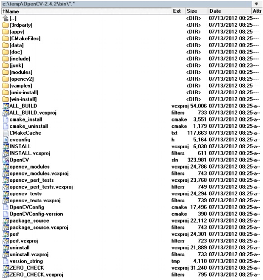 Структура сгенерированных файлов для сборки OpenCV из Microsoft Visual Studio 2010