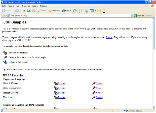 Первая страница запущенного примера JSP