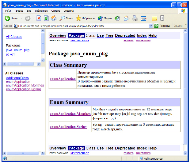 Страница описания элементов пакета java_enum_pkg