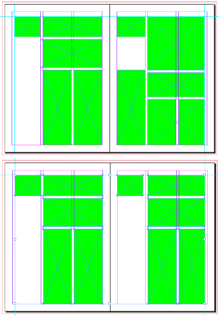 Разворот 1-2 (сверху) и разворот 3-4 (снизу) размечены фреймами под текст и графику (вариант модульной сетки)