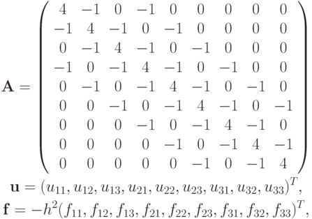 \begin{gather*}  {\mathbf{A}} = \left( \begin{array}{ccccccccc}
   4 & {- 1} & 0 & {- 1} & 0 & 0 & 0 & 0 & 0 \\ 
   {- 1} & 4 & {- 1} & 0 & {- 1} & 0 & 0 & 0 & 0 \\ 
   0 & {- 1} & 4 & {- 1} & 0 & {- 1} & 0 & 0 & 0 \\ 
   {- 1} & 0 & {- 1} & 4 & {- 1} & 0 & {- 1} & 0 & 0 \\ 
   0 & {- 1} & 0 & {- 1} & 4 & {- 1} & 0 & {- 1} & 0 \\ 
   0 & 0 & {- 1} & 0 & {- 1} & 4 & {- 1} & 0 & {- 1} \\ 
   0 & 0 & 0 & {- 1} & 0 & {- 1} & 4 & {- 1} & 0 \\ 
   0 & 0 & 0 & 0 & {- 1} & 0 & {- 1} & 4 & {- 1} \\ 
   0 & 0 & 0 & 0 & 0 & {- 1} & 0 & {- 1} & 4 \\ 
\end{array} \right) \\ 
{\mathbf{u}} = (u_{11}, u_{12}, u_{13}, u_{21}, u_{22}, u_{23}, u_{31}, u_{32}, u_{33})^{T}, \\ 
{\mathbf{f}} = - h^2 (f_{11}, f_{12}, f_{13}, f_{21}, f_{22}, f_{23}, f_{31}, f_{32}, f_{33})^{T},   \end{gather*}  