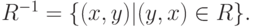 R^{-1} = \{ (x,y)| (y,x) \in  R\}.