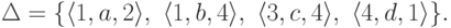 Delta = {
langle 1 , a , 2 rangle ,
langle 1 , b , 4 rangle ,
langle 3 , c , 4 rangle ,
langle 4 , d , 1 rangle
} .