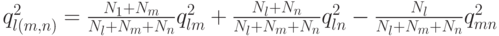 q^2_{l(m,n)}=\frac{N_1+N_m}{N_l+N_m+N_n}q^2_{lm} + \frac{N_l+N_n}{N_l+N_m+N_n}q^2_{ln} - \frac{N_l}{N_l+N_m+N_n}q^2_{mn}