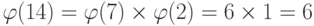 \varphi (14) = \varphi (7) \times \varphi (2) = 6 \times 1 = 6