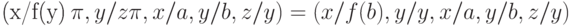 \eq*{
(x/f(y) \pi, y/z \pi, x/a, y/b, z/y) = (x/f(b), y/y, x/a, y/b, z/y)
}