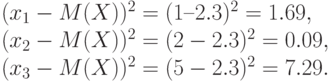(x_1-M(X))^2=(1 – 2.3)^2=1.69,\\
(x_2-M(X))^2=(2-2.3)^2=0.09,\\
(x_3-M(X))^2=(5-2.3)^2=7.29.