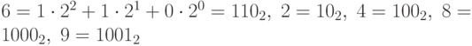 6=1\cdot2^2+1\cdot2^1+0\cdot2^0=110_2,\; 2=10_2,\; 4=100_2,\; 8=1000_2,\; 9=1001_2