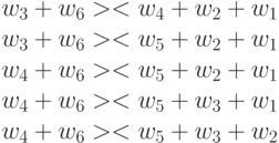 w_3+w_6 >< w_4+w_2+w_1\\
w_3+w_6 >< w_5+w_2+w_1\\
w_4+w_6 >< w_5+w_2+w_1\\
w_4+w_6 >< w_5+w_3+w_1\\
w_4+w_6 >< w_5+w_3+w_2
