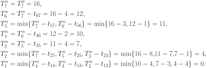 \begin{aligned}
&T_7^n=T_7^p=16, \\[2pt]
&T_6^n=T_7^n-t_{67}=16-4=12, \\[2pt]
&T_5^n=\min\{T_7^n- t_{57},T_6^n-t_{56}\}=\min\{16-3,12-1\}=11, \\[2pt]
&T_4^n=T_6^n-t_{46}=12-2=10, \\[2pt]
&T_3^n=T_5^n-t_{35}=11-4=7, \\[2pt]
&T_2^n=\min\{T_7^n-t_{27},T_5^n-t_{25},T_3^n-t_{23}\}=\min\{16-8{,}11-7{,}7-1\}=4, \\[2pt]
&T_1^n=\min\{T_4^n-t_{14},T_3^n-t_{13},T_2^n-t_{12}\}=\min\{10-4,7-3,4-4\}=0.
\end{aligned}