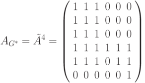 A_{G^*}= \tilde{A}^4=  \left(
\begin{array}{cccccc}
1 & 1 & 1 & 0& 0& 0\\
1 & 1 & 1 & 0& 0& 0\\
1 &1 & 1 & 0& 0& 0\\
1 & 1 & 1 & 1& 1& 1\\
1 & 1 & 1 & 0& 1& 1\\
0 & 0 & 0 & 0& 0& 1
\end{array}\right)