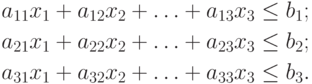 \begin{align*}
& a_{11} x_1 + a_{12} x_2 + \ldots + a_{13} x_3 \leq b_1 ; \\
& a_{21} x_1 + a_{22} x_2 + \ldots + a_{23} x_3 \leq b_2 ; \\
& a_{31} x_1 + a_{32} x_2 + \ldots + a_{33} x_3 \leq b_3 .
\end{align*}