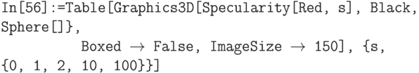 \tt
In[56]:=Table[Graphics3D[{Specularity[Red, s], Black, Sphere[]\}, \\
\phantom{In[56]:=Ta}Boxed $\to$ False, ImageSize $\to$ 150], \{s, \{0, 1, 2, 10, 100\}\}]