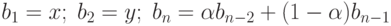 b_1=x;\;b_2=y;\;b_n=\alpha b_{n-2}+(1-\alpha)b_{n-1}