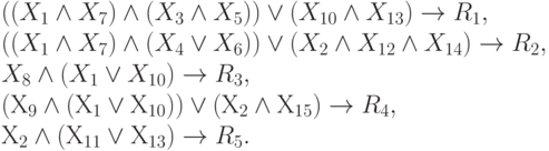 \begin{array}{l}
((X_{1}\wedge  X_{7})\wedge (X_{3}\wedge  X_{5})) \vee  (X_{10}\wedge  X_{13}) \to  R_{1},\\
 ((X_{1}\wedge  X_{7})\wedge (X_{4}\vee  X_{6})) \vee  (X_{2}\wedge  X_{12}\wedge  X_{14}) \to  R_{2},\\
X_{8}\wedge  (X_{1}\vee  X_{10}) \to  R_{3},\\
(Х_{9} \wedge  (Х_{1}\vee  Х_{10}))\vee  (Х_{2}\wedge  Х_{15}) \to  R_{4},\\
Х_{2}\wedge (Х_{11}\vee _{}Х_{13}) \to  R_{5}.
\end{array}