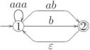 objectwidth={5mm} objectheight={5mm} letobjectstyle=scriptstyle
xymatrix {
  *=[o][F-]{1}
 ar @`{+/l16mm/} [] ^{}
 rloop{0,1} ^{aaa}
 ar `ur_r{+/u7mm/}`r_dr{[0,2]}^{ab} "1,3"  
 ar  "1,3"  ^{b}
&
& *=[o][F=]{2}
 ar `dl_l{+/d7mm/}`l_ul{[0,-2]}^{varepsilon} "1,1"  
}