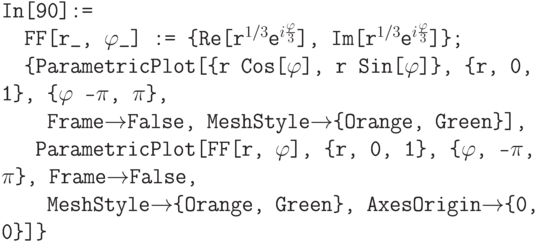 \tt
In[90]:=\\
\phantom{In}FF[r\_, $\varphi$\_] := \{Re[r$^{1/3}$e$^{i\frac{\varphi}{3}}$], Im[r$^{1/3}$e$^{i\frac{\varphi}{3}$]\};\\
\phantom{In}\{ParametricPlot[\{r Cos[$\varphi$], r Sin[$\varphi$]\}, \{r, 0, 1\}, \{$\varphi$ -$\pi$, $\pi$\},\\
\phantom{In\{P}Frame$\to$False, MeshStyle$\to$\{Orange, Green\}],\\
\phantom{In\{}ParametricPlot[FF[r, $\varphi$], \{r, 0, 1\}, \{$\varphi$, -$\pi$, $\pi$\}, Frame$\to$False,\\
\phantom{In\{P}MeshStyle$\to$\{Orange, Green\}, AxesOrigin$\to$\{0, 0\}]\}