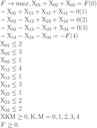 F \to max ,
Х_{01} + Х_{02} + Х_{03} = F		(0)\\
- Х_{01} + Х_{12} + Х_{13} + Х_{14} = 0	(1)\\
- Х_{02} - Х_{12} + Х_{23} + Х_{24} = 0	(2)\\
- Х_{03} - Х_{13} - Х_{23} + Х_{34} = 0	(3)\\
- Х_{14} - Х_{24} - Х_{34} = - F		(4)\\
Х_{01} \le 2\\
Х_{02} \le 3\\
Х_{03} \le 1\\
Х_{12} \le 4\\
Х_{13} \le 1\\
Х_{14} \le 3\\
Х_{23} \le 1\\
Х_{24} \le 2\\
Х_{34} \le 2\\
ХКМ \ge 0 , К, М = 0, 1, 2, 3, 4\\
F \ge 0.