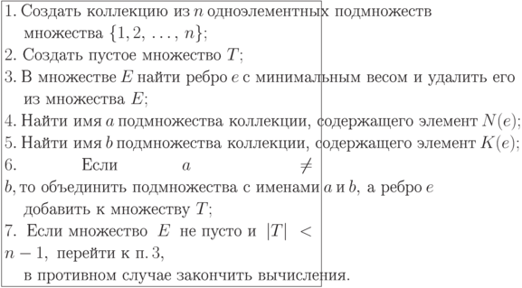 \formula{
1. \ \t{Создать коллекцию из}\ n\ \t{одноэлементных подмножеств}\\
\mbox{}\q\, \t{множества}\ \{1, 2\dts n\};\\
2. \ \t{Создать пустое множество}\ T;\\
3. \ \t{В множестве}\ E\ \t{найти ребро}\ e\ \t{с минимальным весом
и удалить его}\\
\mbox{}\q\, \t{из множества}\ E;\\
4. \ \t{Найти имя}\ a\ \t{подмножества коллекции, содержащего
элемент}\ N(e);\\
5. \ \t{Найти имя}\ b\ \t{подмножества коллекции, содержащего
элемент}\ K(e);\\
6. \ \t{Если}\ a \ne b, \t{то объединить подмножества
с именами}\ a\ \t{и}\ b,\ \t{а ребро}\ e\\
\mbox{}\q\, \t{добавить к множеству}\ T;\\
7. \ \t{Если множество}\ E\ \t{не пусто и}\ |T| <  n - 1,\ \t{перейти к
п.}\,3,\\
\mbox{}\q\, \t{в противном случае закончить вычисления.}
}