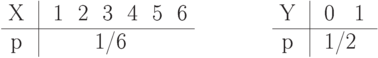 \setbox\bzero=\vbox{\offinterlineskip\halign{&\strut\hfil\ #\
\hfil\cr
X& \vrule& 1& 2& 3& 4& 5& 6\cr
\noalign{\hrule}
p& \vrule& \span\span1/6\span\span\span\cr}}
\setbox\bone=\vbox{\offinterlineskip\halign{&\strut\hfil\ #\
\hfil\cr
Y& \vrule& 0& 1\cr
\noalign{\hrule}
p& \vrule&1/2\span\cr}}
\centerline{\box\bzero \hfil \box\bone}