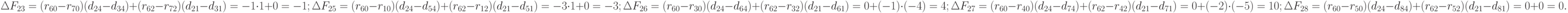 \Delta F_{23} = (r_{60} - r_{70})(d_{24} - d_{34}) + (r_{62} - r_{72})(d_{21} - d_{31}) = -1 \cdot  1 + 0 = -1;\\
\Delta F_{25} = (r_{60} - r_{10})(d_{24 }- d_{54}) + (r_{62 }- r_{12})(d_{21} - d_{51}) = -3 \cdot  1 + 0 = -3;\\
\Delta F_{26} = (r_{60} - r_{30})(d_{24 }- d_{64}) + (r_{62 }- r_{32})(d_{21} - d_{61}) = 0 + (-1) \cdot  (-4) = 4;\\
\Delta F_{27} = (r_{60 }- r_{40})(d_{24 }- d_{74}) + (r_{62 }- r_{42})(d_{21} - d_{71}) =  0 + (-2) \cdot  (-5) = 10;\\
\Delta F_{28} = (r_{60 }- r_{50})(d_{24 }- d_{84}) + (r_{62 }- r_{52})(d_{21} - d_{81}) = 0 + 0 = 0.