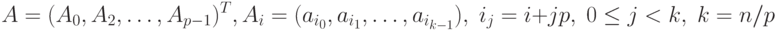 A=(A_0, A_2, \ldots, A_{p-1})^T, A_i = (a_{i_0}, a_{i_1}, \ldots, a_{i_{k-1}}), \;
i_j=i+jp, \; 0 \le j < k, \; k=n/p