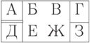 \begin{tabular}{|c|cc|c|}
\hline А & Б & В & Г\\
\hhline{|=|~~|-|}
Д & Е & Ж & З\\ \hline
\end{tabular}