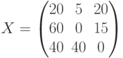 X=begin{pmatrix} 20 & 5 & 20 \ 60 & 0 & 15 \ 40 & 40 & 0 end{pmatrix}