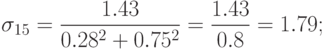 \sigma_{15} = \frac{{1.43}}{{0.28^2 + 0.75^2 }} = \frac{{1.43}}{{0.8}} = 1.79
;