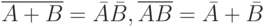 \overline {A+B}=\bar A \bar B, \overline {AB}=\bar A+\bar B