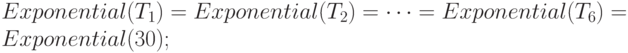 Exponential(T_{1})=Exponential(T_{2})=…= Exponential(T_{6})=Exponential(30);