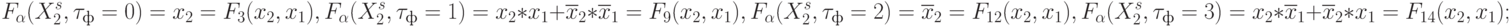 F_{\alpha}(X_2^s,\tau_ф = 0) = x_2 = F_3(x_2,x_1),
F_{\alpha}(X_2^s,\tau_ф = 1) = x_2*x_1 + \overline{x}_2 * \overline{x}_1 = F_{9}(x_2,x_1),\\
F_{\alpha}(X_2^s,\tau_ф = 2) = \overline{x}_2 = F_{12}(x_2,x_1),
F_{\alpha}(X_2^s,\tau_ф = 3) = {x}_2 * \overline{x}_1 + \overline{x}_2*x_1 = F_{14}(x_2,x_1);