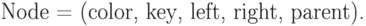 \eq*{
{\rm Node} = ({\rm color}, {\rm key}, {\rm left},
{\rm right}, {\rm parent}).
}