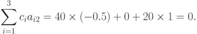 \sum\limits_{i=1}^{3}c_{i}a_{i2} = 40\times (-0.5) + 0 +
  20\times 1 = 0.