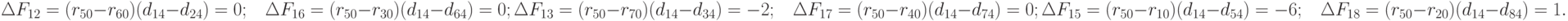 \Delta F_{12} = (r_{50} - r_{60})(d_{14} - d_{24}) = 0;\;\;\;    \Delta F_{16} = (r_{50 }- r_{30})(d_{14 }- d_{64}) = 0;\\
\Delta F_{13} = (r_{50} - r_{70})(d_{14 }- d_{34}) = -2; \;\;\;  \Delta F_{17} = (r_{50 }- r_{40})(d_{14 }- d_{74}) = 0;\\
\Delta F_{15} = (r_{50 }- r_{10})(d_{14 }- d_{54}) = -6; \;\;\;   \Delta F_{18} = (r_{50 }- r_{20})(d_{14 }- d_{84}) = 1.\\