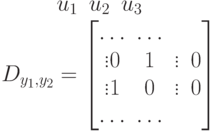 \begin {matrix}
&&&&&u_1&u_2&u_3
\end {matrix}\\
D_{y_1, y_2}=
\left [
\begin {matrix}
\ldots&\ldots&\\
\vdots0&1&\vdots &0\\
\vdots1&0&\vdots &0\\
\ldots & \ldots &
\end {matrix}
\right ]
