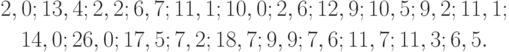 \begin{gathered}
2,0; 13,4; 2,2; 6,7; 11,1; 10,0; 2,6; 12,9; 10,5; 9,2; 11,1; \\
14,0; 26,0; 17,5; 7,2; 18,7; 9,9; 7,6; 11,7;11,3; 6,5.
\end{gathered}