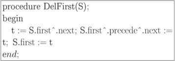 \formula{
\t{procedure DelFirst(S)};\\
\t{begin}\\
\mbox{}\q \t{t} := \t{S}.{\rm first}\t{\^{}}.{\rm next};\, \t{S}.
{\rm first}\t{\^{}}.{\rm precede}\t{\^{}}.{\rm next} := \t{t};\
\t{S}.{\rm first} := \t{t}\\
\t end;
}