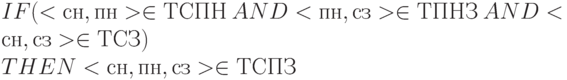 IF (<сн, пн> \in  ТСПН \ AND <пн, сз> \in  ТПНЗ \ AND <сн, сз> \in  ТСЗ)
\\
THEN <сн, пн, сз> \in  ТСПЗ