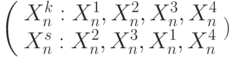 \left(
\begin{array}{l}
X_n^k:X_n^1,X_n^2,X_n^3,X_n^4 \\
X_n^s:X_n^2,X_n^3,X_n^1,X_n^4
\end{array}
\rigth )