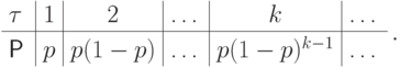 \begin{tabular}{l|c|c|c|c|c}
$\tau$      &  1  &  2  &  \ldots  &
 $k$  & \ldots  \\ \hline 
$\Prob\vphantom{\int^b}$ & $p$ &
$p(1-p)$ &  \ldots  & $p(1-p)^{k-1}$ & \ldots 
\end{tabular}\,.