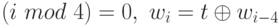 (i\ mod\ 4) = 0,\ w_{i} = t \oplus  w_{i - 4}