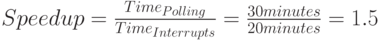 Speedup=\frac{Time_{Polling}}{Time_{Interrupts}}=\frac{30minutes}{20minutes}=1.5