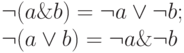 \neg (a \& b) = \neg a \vee \neg b;\\
\neg (a \vee b) = \neg a \& \neg b