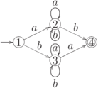 \objectwidth={5mm} \objectheight={5mm} \let\objectstyle=\scriptstyle
\xymatrix @=1mm{
  %
& 
& *=[o][F-]{2}
 \ar  "2,5"  ^{b}
 \rloop{0,1} ^{a}
 \rloop{0,-1} _{b}
& 
& 
\\
  *=[o][F-]{1}
 \ar @`{+/l16mm/} [] ^{}
 \ar  "1,3"  ^{a}
 \ar  "3,3"  ^{b}
& 
& 
& 
& *=[o][F=]{4}
\\
  %
& 
& *=[o][F-]{3}
 \rloop{0,1} _{a}
 \rloop{0,-1} ^{b}
 \ar  "2,5"  ^{a}
& 
& 
}