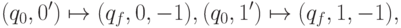 (q_{0},0')\mapsto(q_{f},0,-1),&&(q_{0},1')\mapsto(q_{f},1,-1),