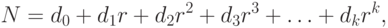 N = d_{0} + d_{1}r + d_{2} r^2 + d_{3} r^3 + \ldots + d_{k} r^k,